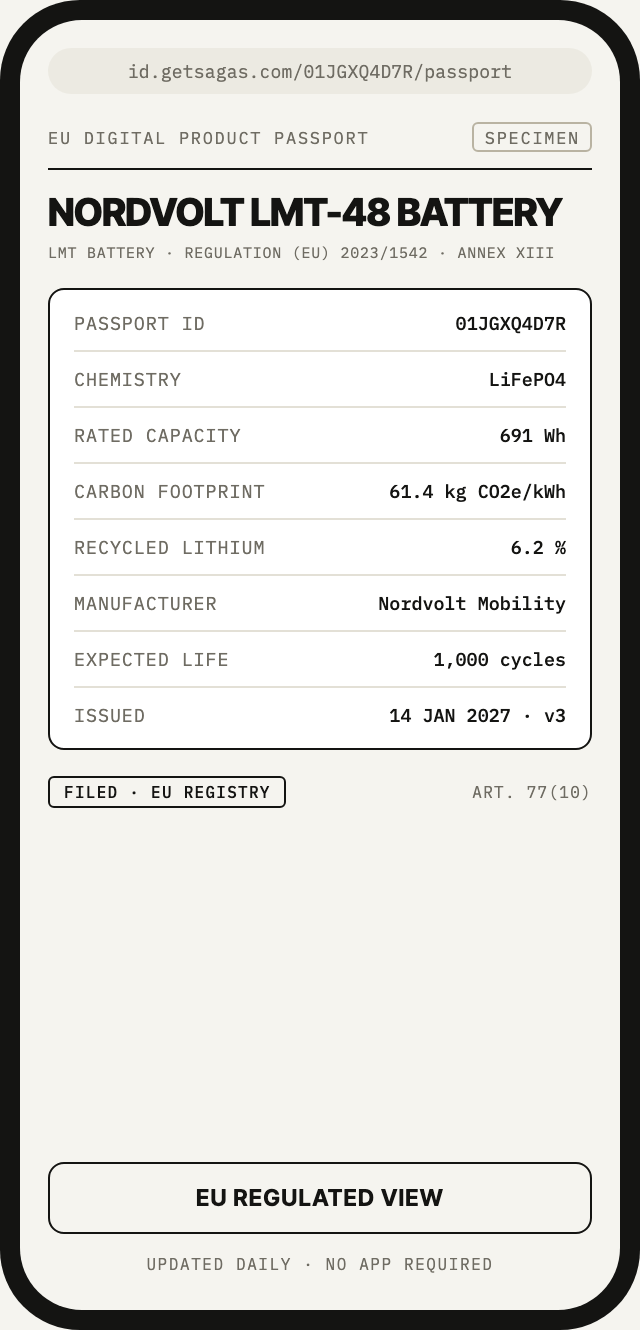 A phone showing a hosted battery passport: EU Digital Product Passport for an LMT battery with Annex XIII fields, filed with the EU registry