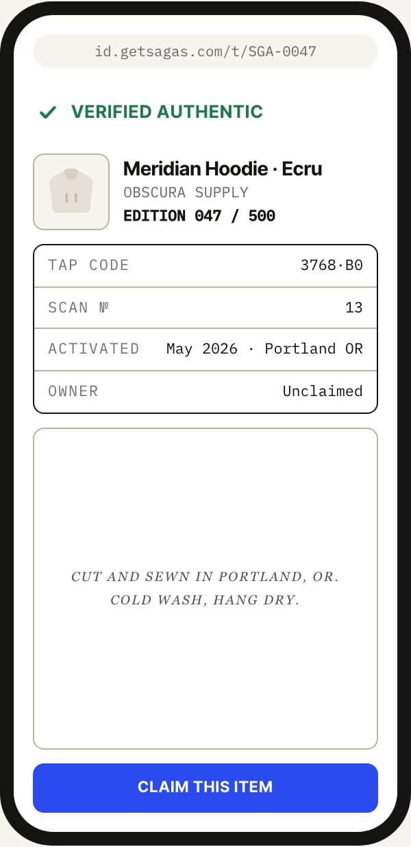 Phone after a tap: verified authentic, product card, tap code, and claim button